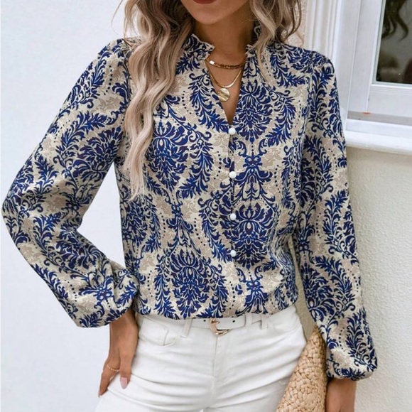 Classic Damask Print Notched Neckline Long  Sleeve Top Blouse Button Down Shirt - Picture 4 of 5